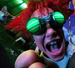 A screenshot from the live action Cowboy Bebop, where a young character named Ed screams 'Spike Spiegel' into Spike's face. The joke is that Neon White and the cartoon version of Spike share a voice actor.